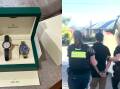 Designer watches seized during Melbourne searches (left) and a suspect arrested in Doncaster East (right). Picture supplied