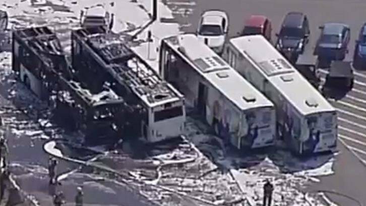 Two buses were destroyed by fire on the perimeter of Sydney Airport. Photo: Channel Seven