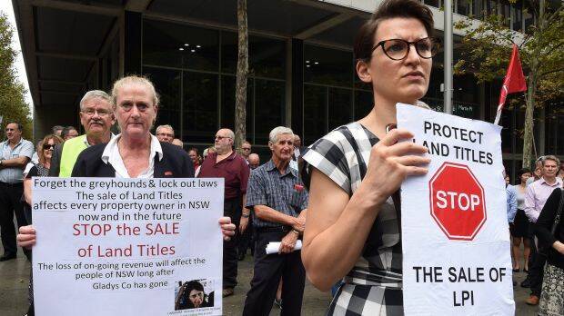 Protesters in Martin Place demonstrating against the NSW government's privatisation of Land and Property Information. Photo: Kate Geraghty