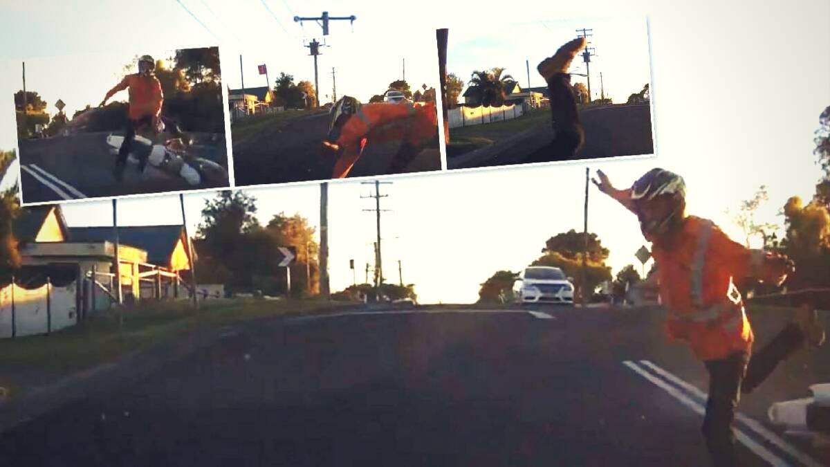 LUCKY: Screen shots from a dashcam video which captured the moment a motorbike rider lost control and plummeted into oncoming traffic. The rider escaped unharmed. Picture: Zachary Morton