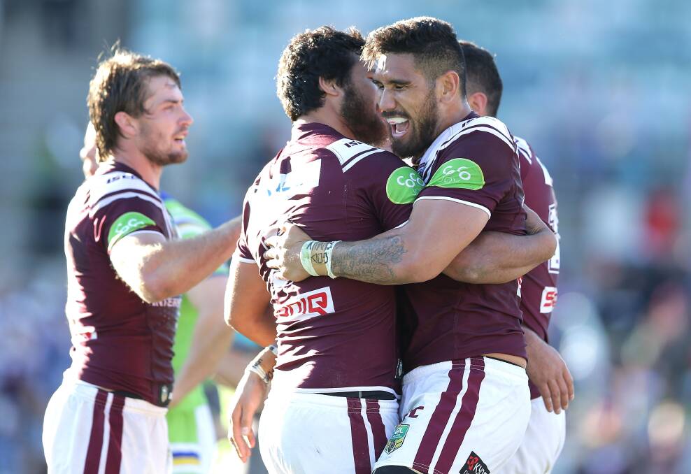  Jesse Sene-Lefao and Feleti Mateo of the Sea Eagles celebrate victory in the NRL match between the Canberra Raiders and the Manly Warringah Sea Eagles in August last year. (Photo by Mark Metcalfe/Getty Images)