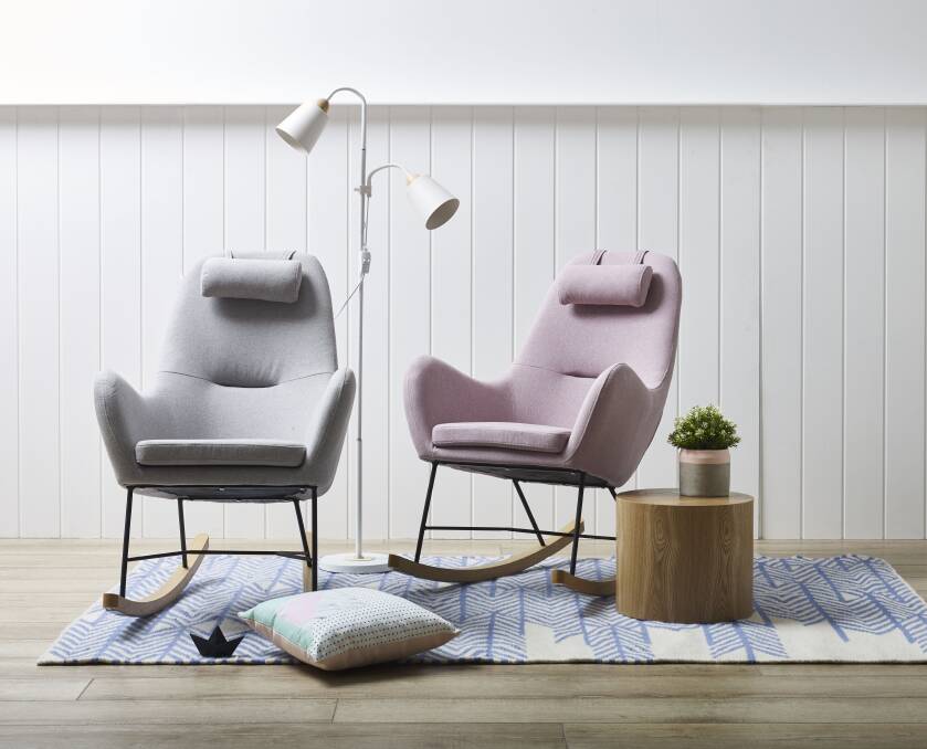 Merlin Rocking Chair features pastel coloured upholstery with adjustable head cushion and gently curved arms - $399.