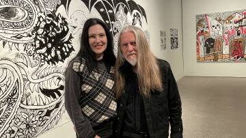 George Gittoes, Hellen Rose and the exhibition Ukraine Guernica at Hazelhurst. gallery. Picture by Murray Trembath