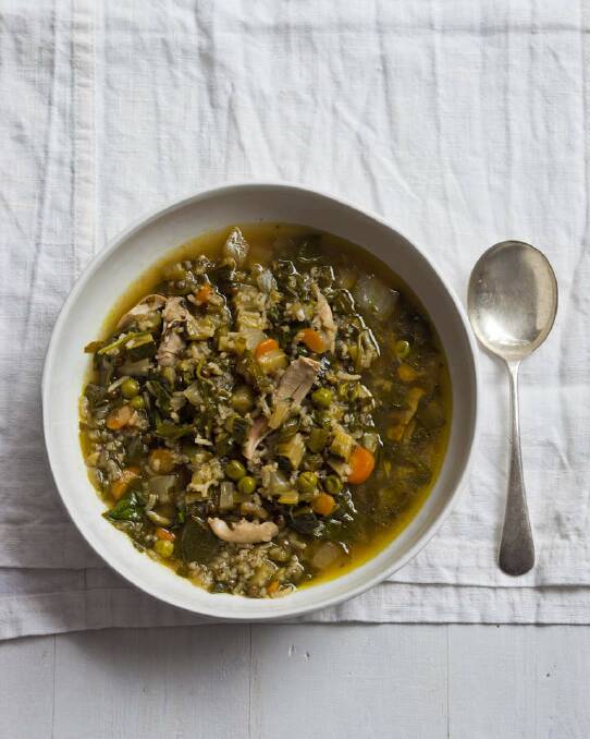 Karen Martini's spring chicken, rice, lentil and spinach soup works just as well in autumn <a href="http://www.goodfood.com.au/good-food/cook/recipe/spring-chicken-rice-lentil-and-spinach-soup-20121112-297a7.html"><b>(recipe here).</b></a> Photo: Marina Oliphant