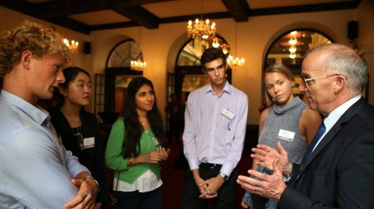 Early recruits: Sebastian Schwartz, Stephanie Wu, Nadine Abughazaleh, Hayden Randall and Merle Runde with the Sydney University Vice-Chancellor Dr Michael Spence at the  afternoon tea.  Photo: James Alcock