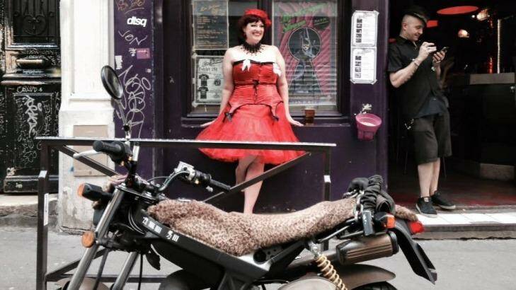 Alison Bunting in burlesque outside La Feline bar in Paris. Photo: Supplied