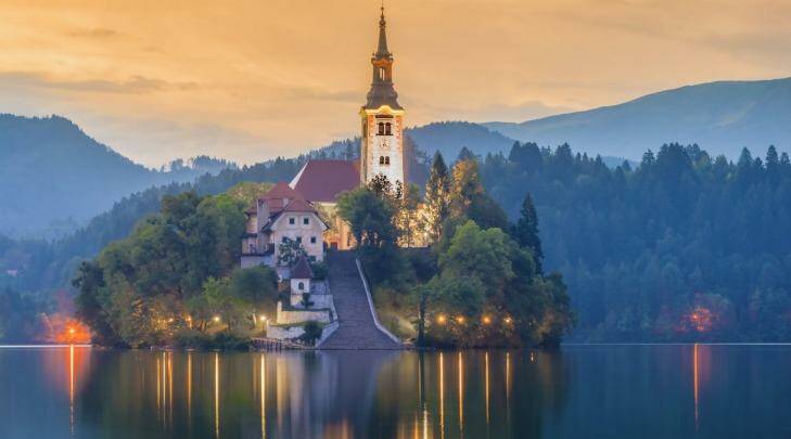 The Church of the Assumption in the middle of Lake Bled, Slovenia.