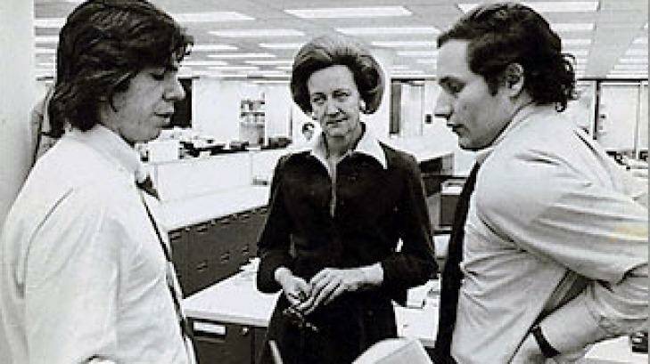 Katharine Graham with <i>Washington Post</i> reporters Carl Bernstein (left) and Bob Woodward in 1972. Photo: Supplied