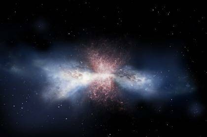 Artist's impression: red gas pours out of a galaxy with a supermassive black hole at its core. Photo: ESA/ATG medialab