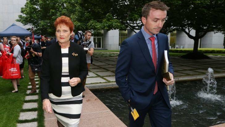 Senator Pauline Hanson and her increasingly powerful chief of staff James Ashby. Photo: Andrew Meares