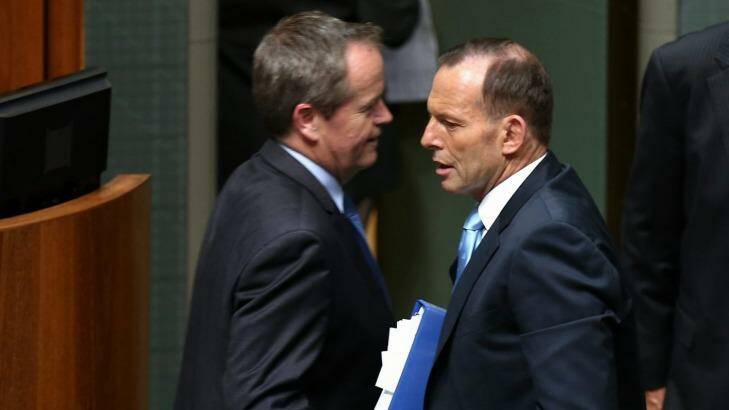 Opposition Leader Bill Shorten and Prime Minister Tony Abbott after a division in relation to the censure motion. Photo: Alex Ellinghausen