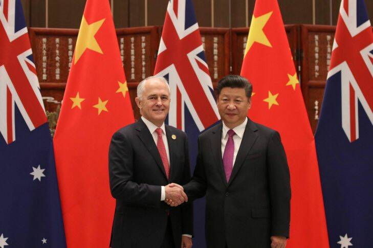 Chinese president Xi Jiping welcomes Australian Prime Minister Malcolm Turnbull at the West Lake State Guesthouse in Hangzhou, China on September 4, 2016. The G20 Leaders Summit will be held in Hangzhou, China on September 4-5. Photo: Sanghee Liu Malcolm Turnbull China Photo: Sanghee Liu