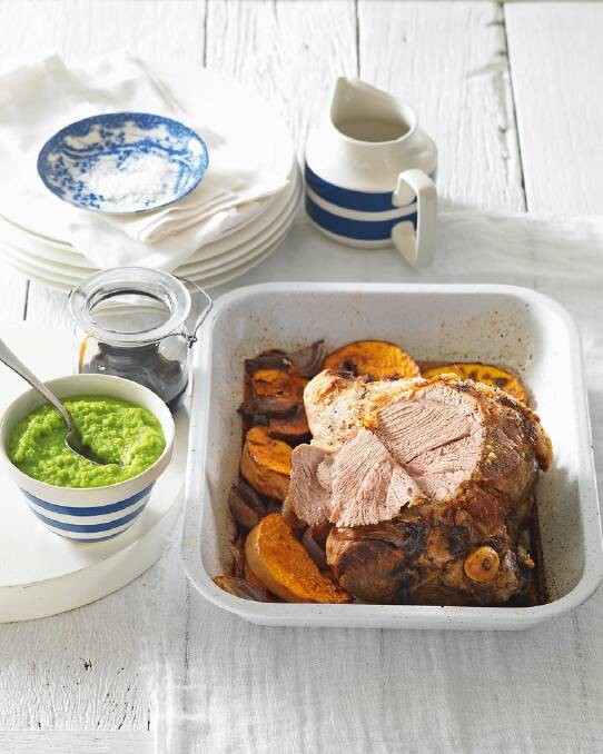 Roast lamb with broad bean, mint and pea puree <a href="http://www.goodfood.com.au/good-food/cook/recipe/roast-lamb-with-broad-bean-mint-and-pea-pure-20131101-2wnbk.html"><b>(recipe here).</b></a>