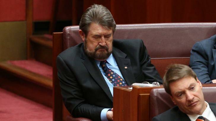 "Just resting the eyes for a minute": Senator Derryn Hinch during the opening of the 45th Parliament on Tuesday. Photo: Andrew Meares