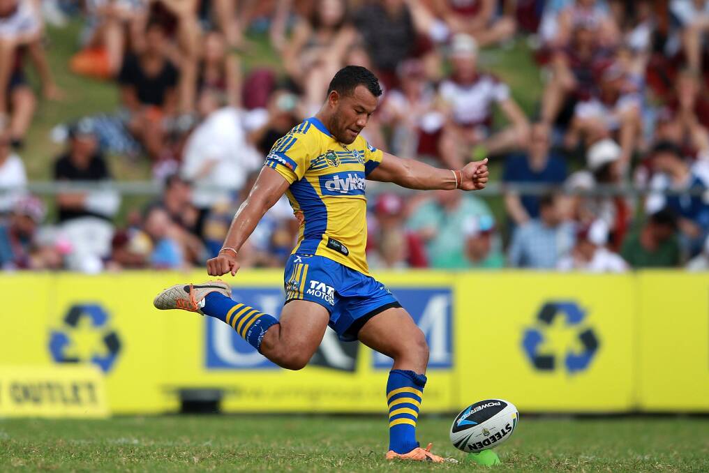 SYDNEY, AUSTRALIA - MARCH 23:  Joseph Paulo of the Eels kicks for goal during the round three NRL match between the Manly-Warringah Sea Eagles and the Parramatta Eels at Brookvale Oval on March 23, 2014 in Sydney, Australia.  (Photo by Matt Blyth/Getty Images) Joseph Paulo, round 3 NRL. Picture: getty images