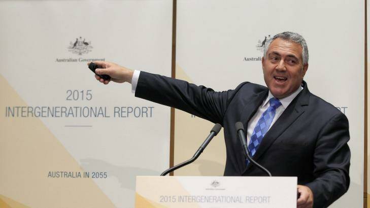 Treasurer Joe Hockey presents the 2015 Intergenerational Report. Photo: Alex Ellinghausen