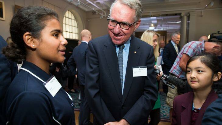 David Gonski with students Adalyah Swann (left) and Hannah Sivas in the NSW State Library.  Photo: Janie Barrett