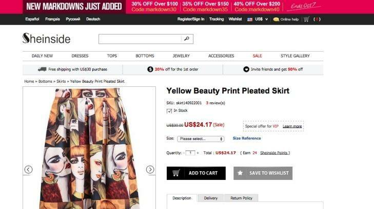 This skirt, for sale on Sheinside, makes use of three of Kelly Thompson's pictures. Photo: Supplied