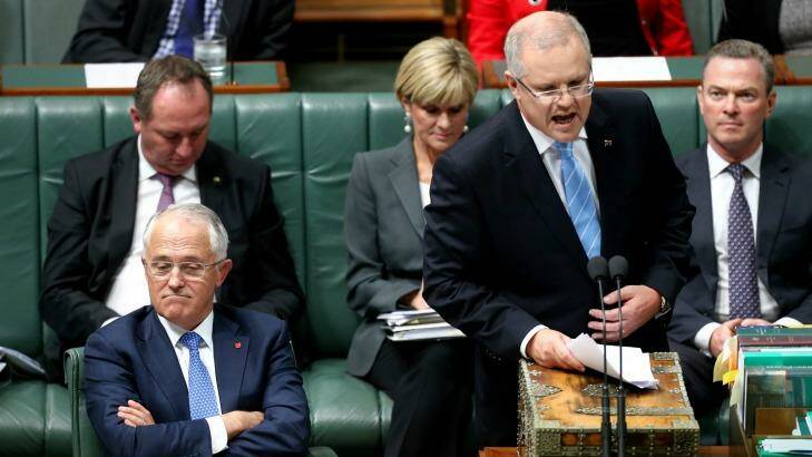 Prime Minister Malcolm Turnbull and Treasurer Scott Morrison during question time on Wednesday. Photo: Alex Ellinghausen