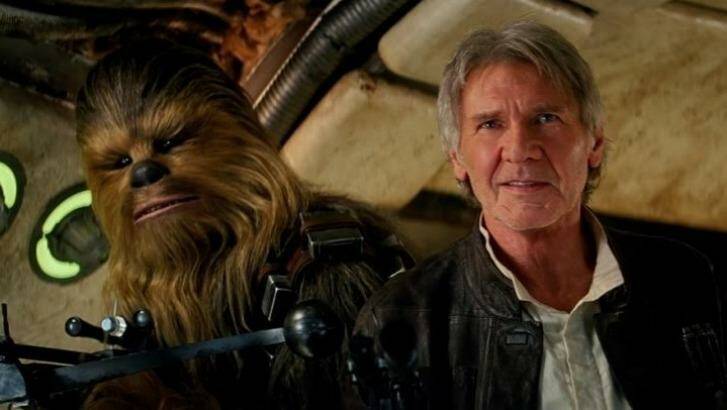 Harrison Ford and Chewbacca in <i>Star Wars: The Force Awakens</i>.