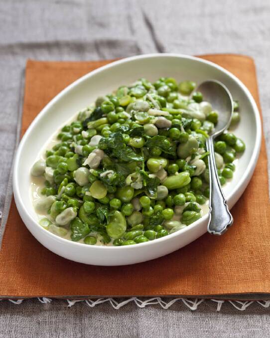 Karen Martini's broad beans and peas with cream and garlic <a href="http://www.goodfood.com.au/good-food/cook/recipe/broad-beans-and-peas-with-cream-and-garlic-20121109-292rd.html"><b>(recipe here).</b></a> Photo: Marina Oliphant