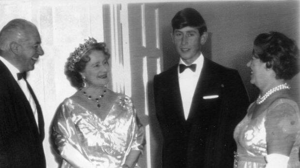 Prince Charles and his grandmother, Elizabeth the Queen Mother, with Harold and Zara Holt.