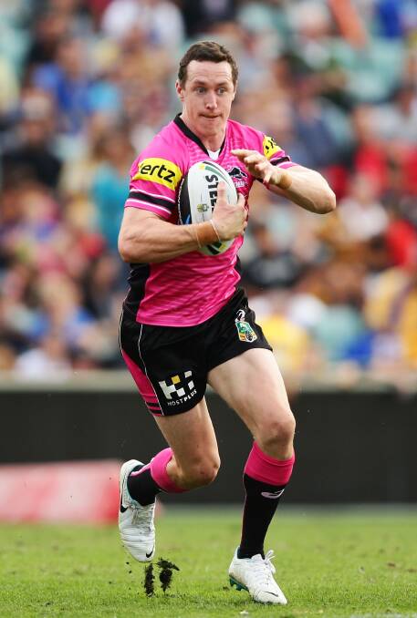 SYDNEY, AUSTRALIA - MARCH 29: David Simmons of the Panthers runs with the ball during the round four NRL match between the Parramatta Eels and the Penrith Panthers at Pirtek Stadium on March 29, 2014 in Sydney, Australia. (Photo by Matt King/Getty Images)