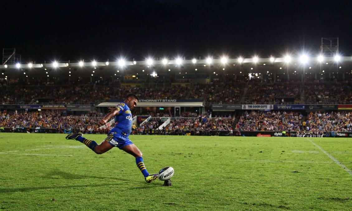 SYDNEY, AUSTRALIA - MARCH 29: Chris Sandow of the Eels attempts a conversion during the round four NRL match between the Parramatta Eels and the Penrith Panthers at Pirtek Stadium on March 29, 2014 in Sydney, Australia. (Photo by Matt King/Getty Images)