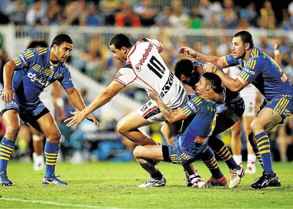 SYDNEY, AUSTRALIA - MARCH 09:  Ben Matulino of the Warriors is tackled during the round one NRL match between the Parramatta Eels and the New Zealand Warriors at Pirtek Stadium on March 9, 2014 in Sydney, Australia.  (Photo by Matt King/Getty Images) Eels, round 1, NRL Eels Picture: getty images