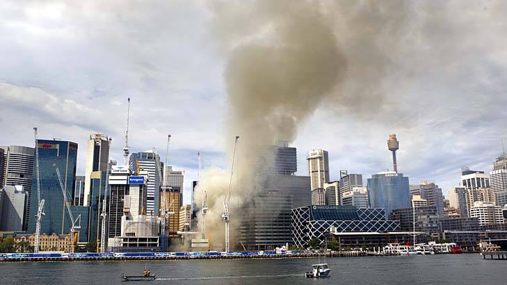 Fire breaks out: Smoke billows from the Barangaroo construction site on Wednesday afternoon. Photo: Brianne Makin