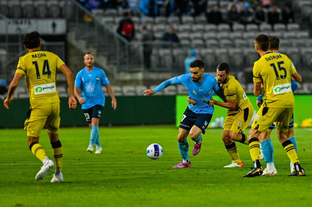 Derby: Sydney FC and Macarthur FC battle for possession during their round two A-League clash at Netrata Jubilee Stadium, Kogarah. Picture: Keith McInnes.