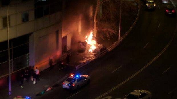 Three people were killed in a fiery car crash in Darling Harbour on Saturday morning. Photo: Supplied