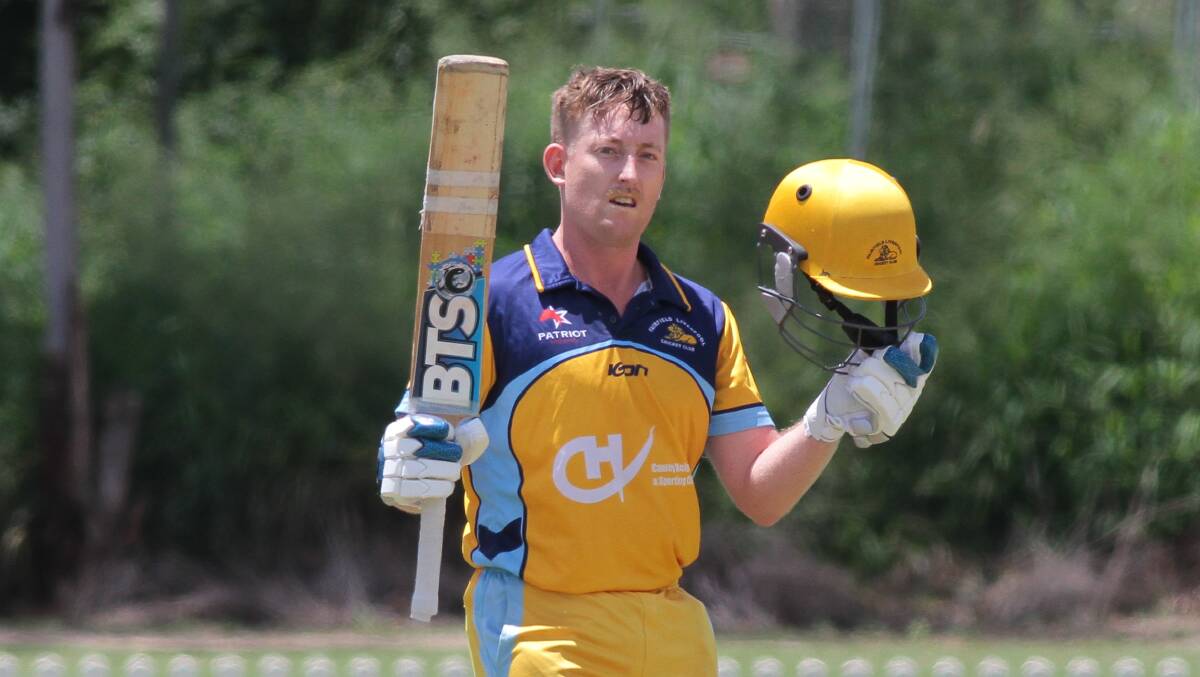 Ton of fun: Jaydyn Simmons celebrates his second century of the summer at Rosedale Oval on Saturday. His knock of 122 ended with a run out. Picture: Ed Frendo