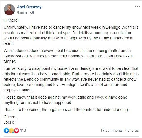 Joel Creasey speaks out after Bendigo show cancelled