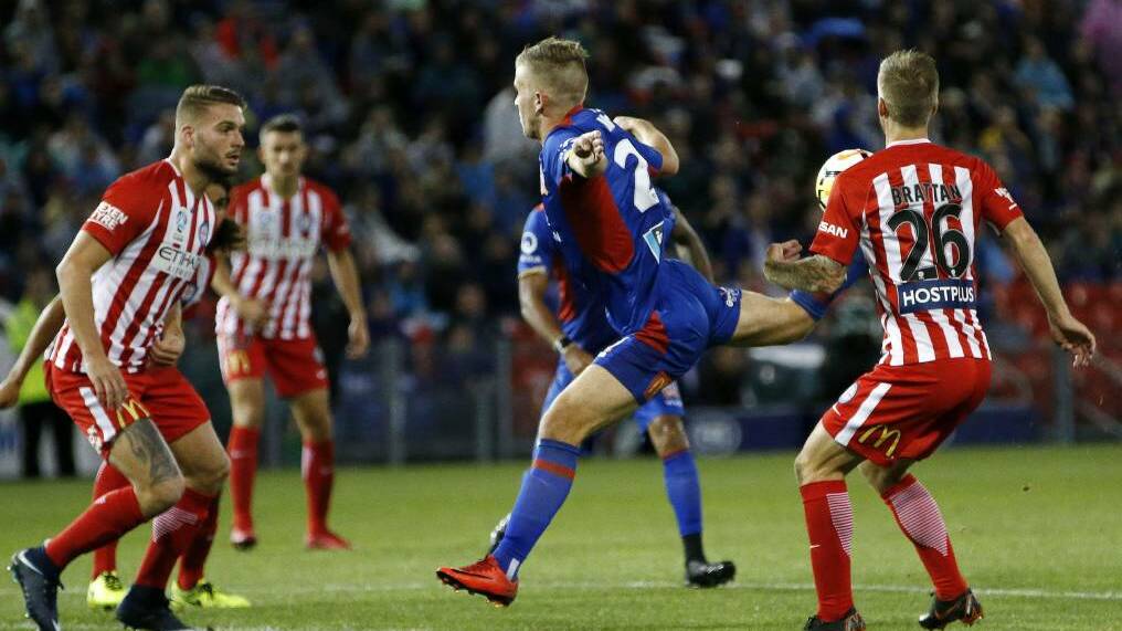 Riley McGree's scorpion kick against Melbourne City helps speark the Jets to victory and earned world-wide acclaim. Picture: AAP/Darren Pateman