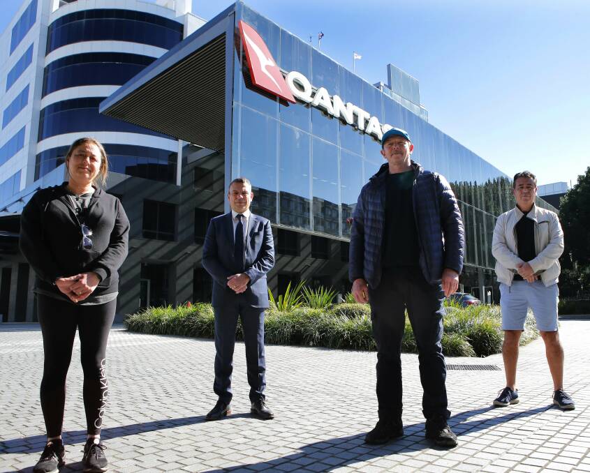 WE WANT TO WORK: Ex-Qantas workers with MLC Mark Buttigieg (from left) Anne Guirguis(left), Ivan Mora, and Peter Cullan. Photo: John Veage.