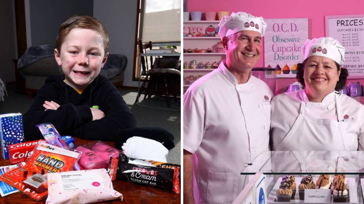 LEFT: Jai Johns with some things for his packs for homeless people. RIGHT: The Little Cupcake's Mark and Madeleine Witham. Photos: Adam Trafford