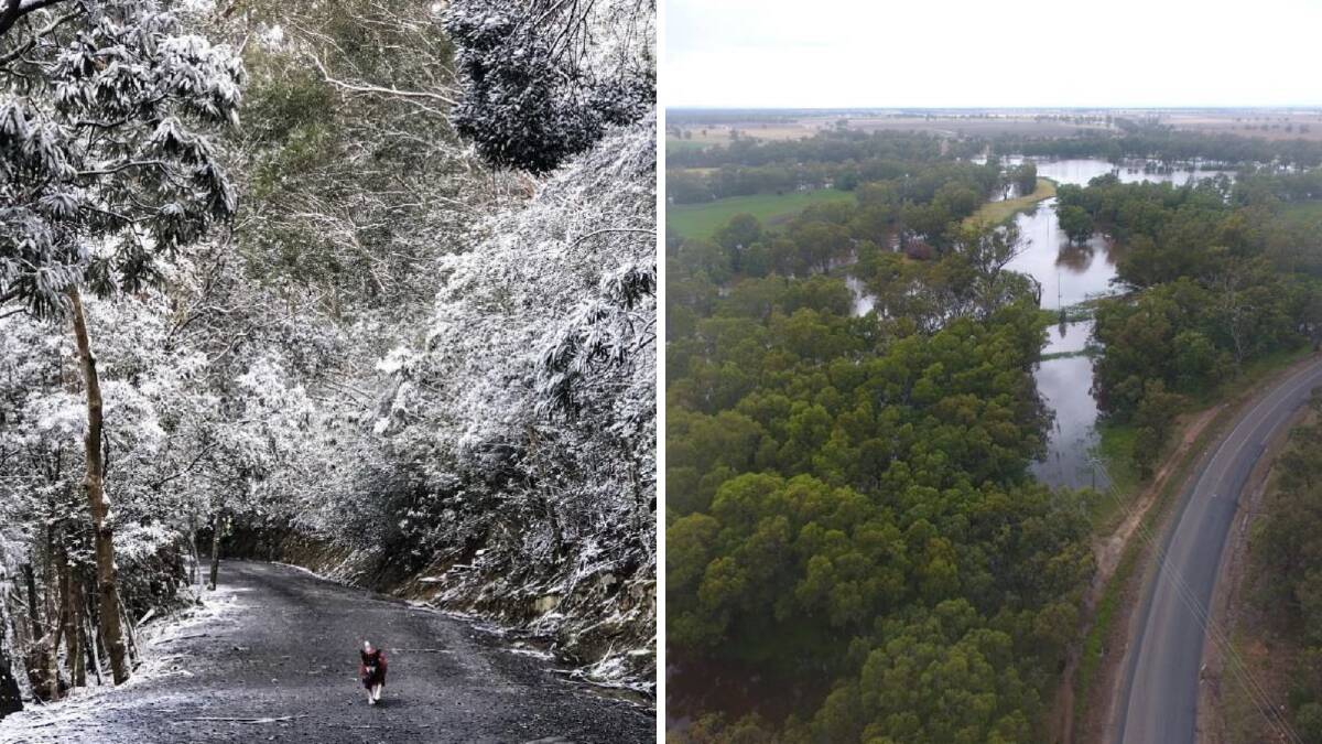 LEFT: Snow in Tasmania. Photo: Yossarian_and_Sarah. RIGHT: Flooding at Forbes. Photo: Craig Dwyer.