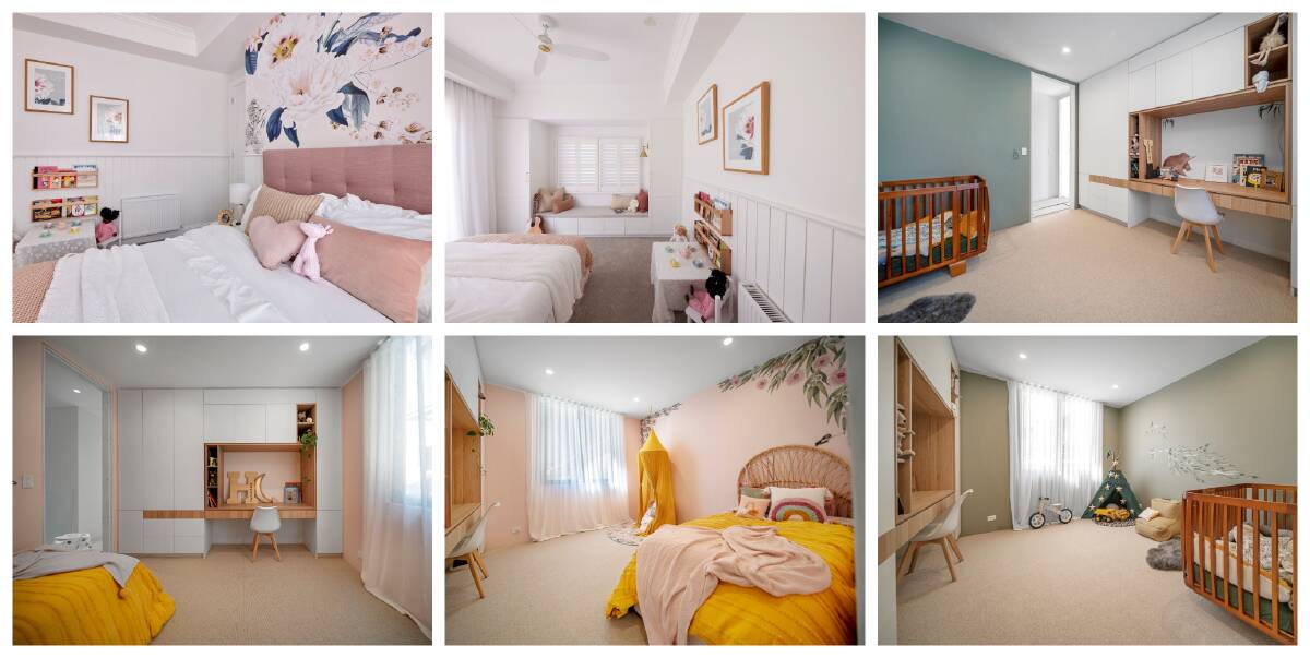 CLEVER RESTYLES: Top left and centre - Kirsty and Jesse used Gyprock Concerto Cornice and a bold floral wallpaper for effect. Top and bottom right - Hayden and Sara included an inbuilt desk and chose a bold colour with a whimsical accent wall to take this room from baby to teen. Bottom left and centre - The second child's bedroom in the South Coast renovation is all about colour and patterns. Below - A simple geometric pattern and Gyprock Aria cornice update this boy's room. Photos: supplied by Gyprock.