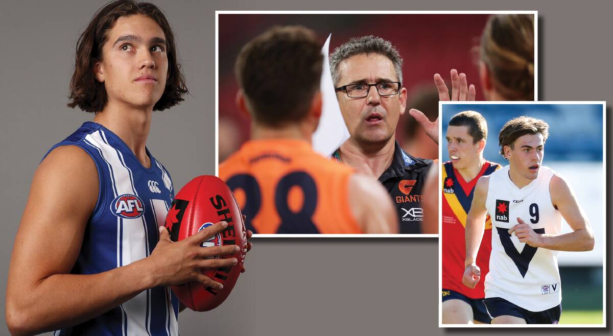 KICKING ON: North Melbourne's Flynn Perez, GWS Giants coach Leon Cameron and AFL draft hopeful Isaac Wareham. Pictures: Getty Images, Morgan Hancock 