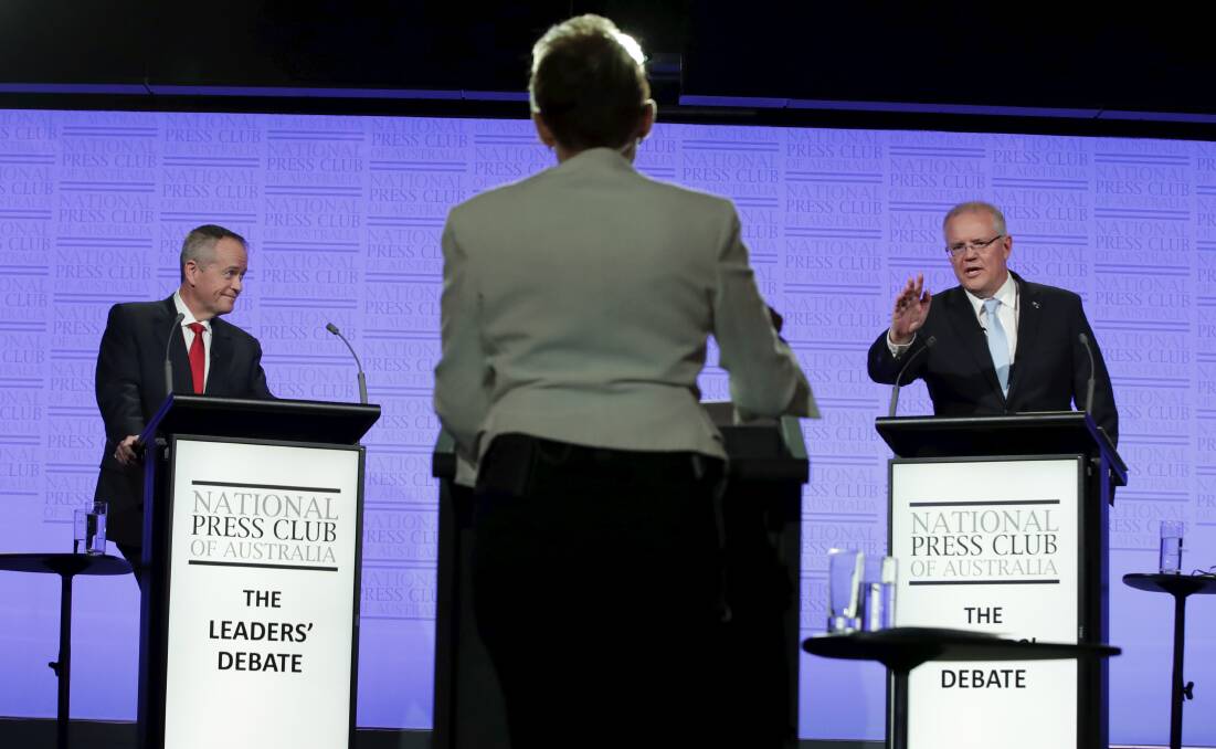 No winners here: The leaders' debate with Prime Minister Scott Morrison and Opposition Leader Bill Shorten at the National Press Club in Canberra on Wednesday night. Photo: Alex Ellinghausen