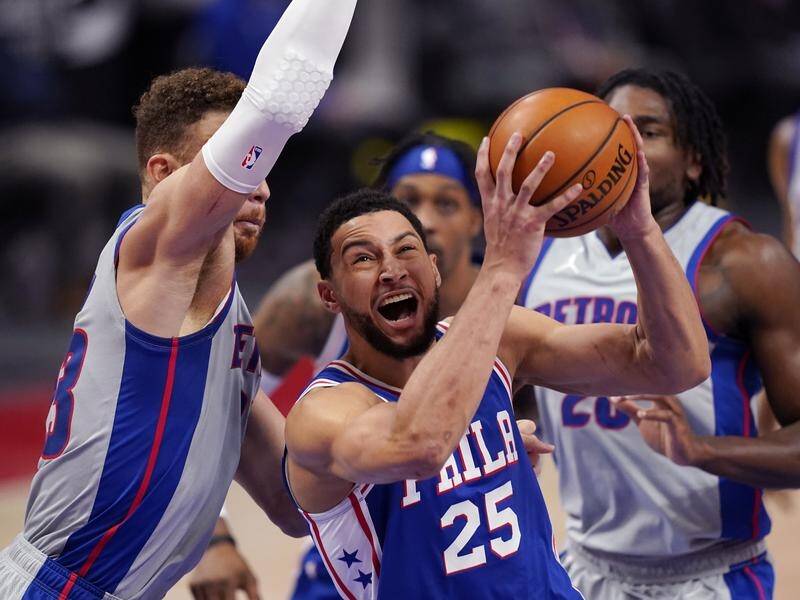 Australia's Ben Simmons (c) was held to just 11 points in the 76ers' the shock loss in Detroit.
