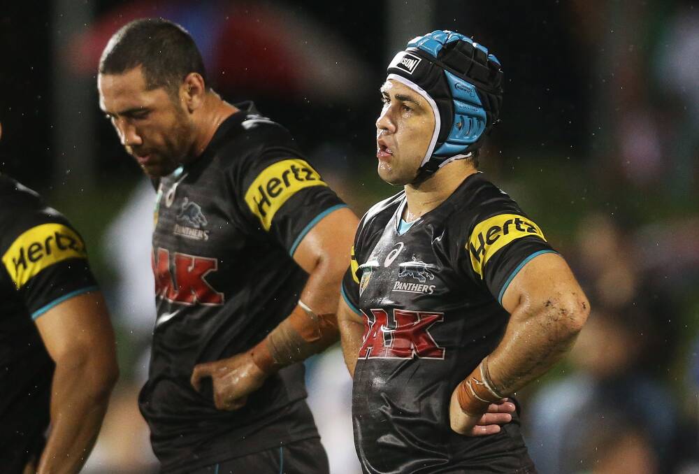 SYDNEY, AUSTRALIA - APRIL 11: Jamie Soward of the Panthers looks dejected during the round 6 NRL match between the Penrith Panthers and the South Sydney Rabbitohs at Sportingbet Stadium on April 11, 2014 in Sydney, Australia. (Photo by Mark Metcalfe/Getty Images)