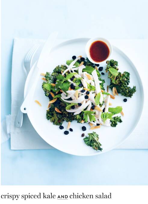 INGREDIENTS 10 stalks kale (stems removed), 2 tbsp extra virgin olive oil, 2 tspn sea salt flakes, 1 tspn smoked paprika, 1 tspn ground coriander, 2 cups (320g) shredded cooked chicken, ⅓ cup (45g) slivered almonds (toasted), ⅓ cup (55g) currants, ¼ cup flat-leaf parsley leaves, ¼ cup mint leaves | DRESSING 1 tspn smoked paprika, 1 tbsp honey, 1 tbsp extra virgin olive oil, 1 tbsp lemon juice. METHOD | Preheat oven to 180°C. To make the dressing, mix to combine the paprika, honey, oil and lemon juice and set aside. Chop the kale into large pieces and place on baking trays lined with non-stick baking paper. Add the oil and toss to coat. Combine the salt, paprika and coriander and sprinkle over the kale. Bake for 10–15 mins or until the kale is crisp. Cool on trays. Divide the kale, chicken, almonds, currants, parsley and mint leaves between plates and spoon over the dressing to serve | SERVES 4