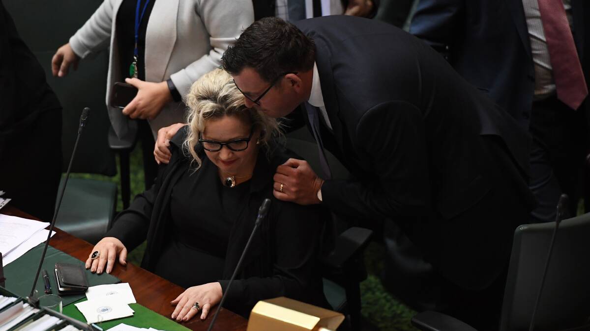 Victorian Premier Daniel Andrews embraces Health Minister Jill Hennessy after the Victoria assisted dying bill passed in the Legislative Council in October last year. Picture: AAP/Julian Smith