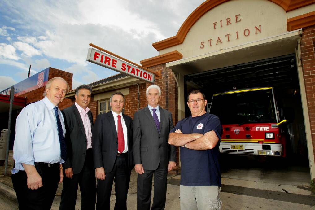 Open: Councillor Lawrence White, mayor Frank Carbone, Fairfield MP Guy Zangari, Cabramatta MP Nick Lalich and Fire Brigade Employees Union representative Brendan Rea at Fairfield fire station. Picture: Wesley Lonergan