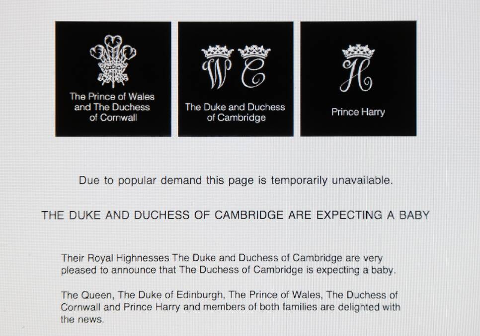 The Duke and Duchess of Cambridge's Official website after it went down due to high demand when the couple announced the pregnancy of Catherine, Duchess of Cambridge. Photo by Chris Jackson/Getty Images